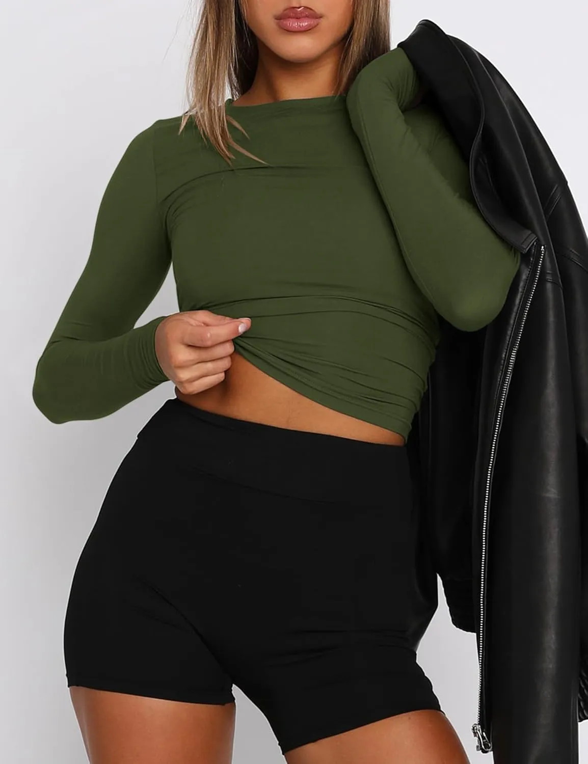 AKEWEI Long Sleeve Crop Tops for Women 2 Pack Fall Going Out Outfits Cute Tight Basic Tees Shirt