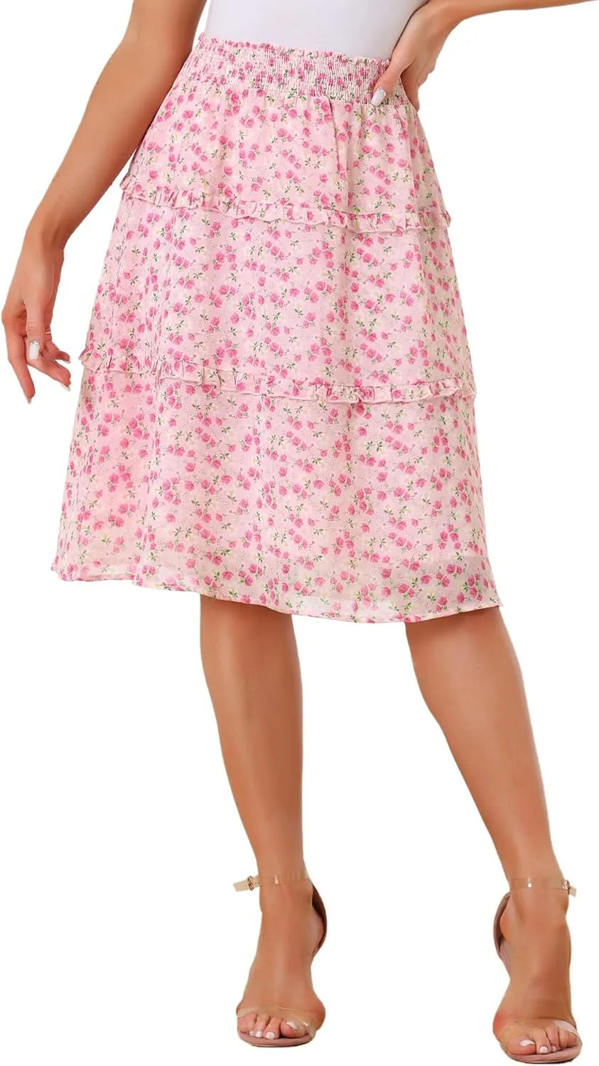 Allegra K Women's Floral Skirts Summer Chiffon Smocked Elastic Waist A-Line Below Knee Length Ruffle Tiered Skirt