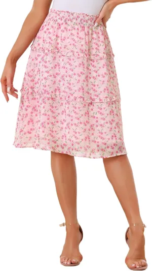 Allegra K Women's Floral Skirts Summer Chiffon Smocked Elastic Waist A-Line Below Knee Length Ruffle Tiered Skirt