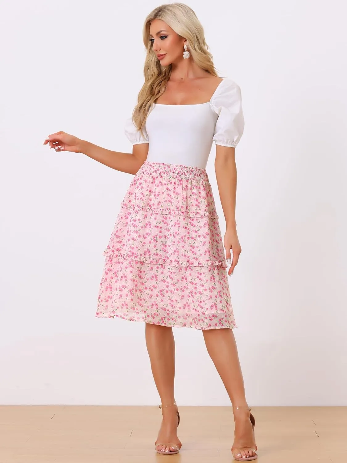 Allegra K Women's Floral Skirts Summer Chiffon Smocked Elastic Waist A-Line Below Knee Length Ruffle Tiered Skirt