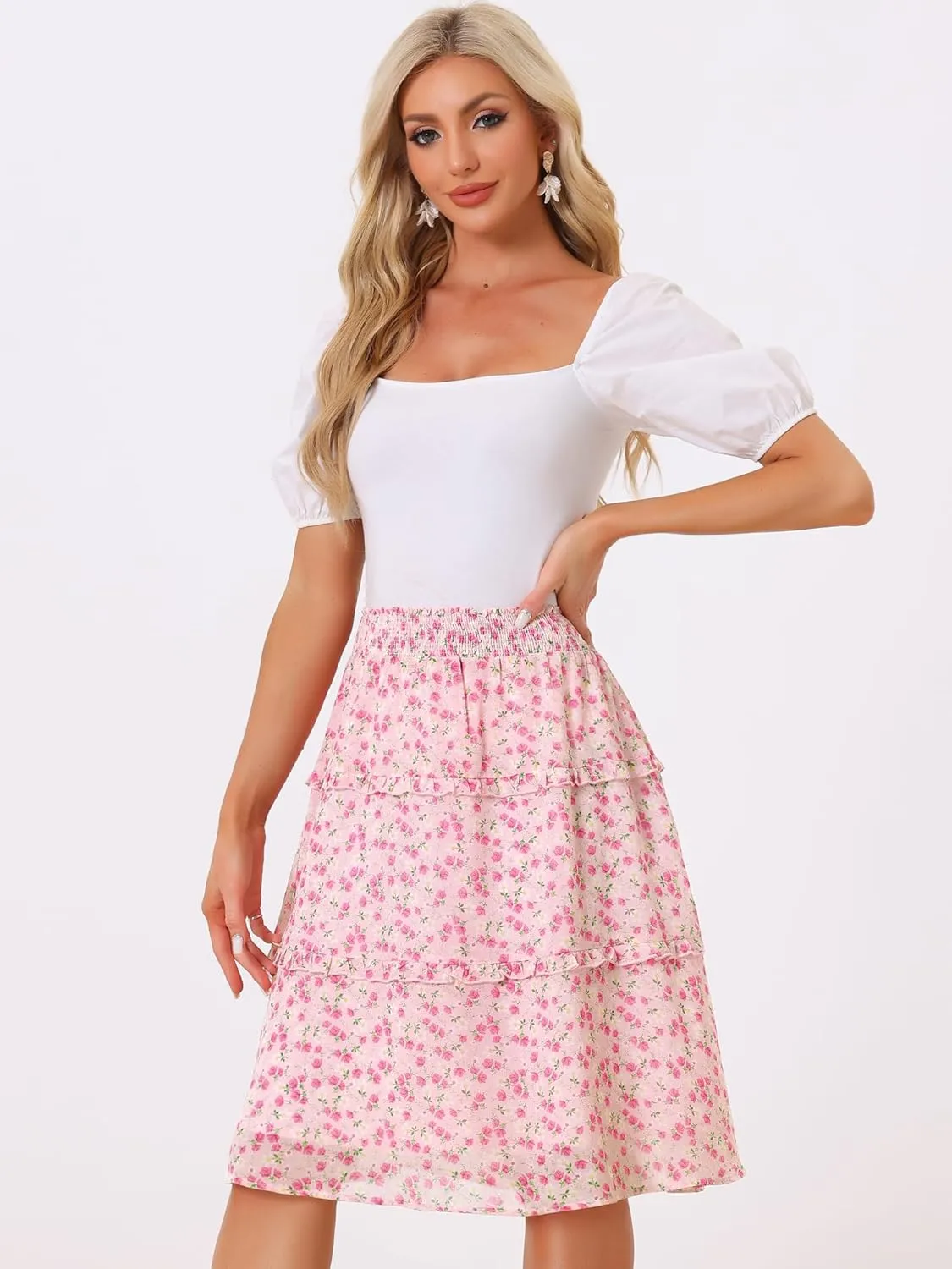 Allegra K Women's Floral Skirts Summer Chiffon Smocked Elastic Waist A-Line Below Knee Length Ruffle Tiered Skirt