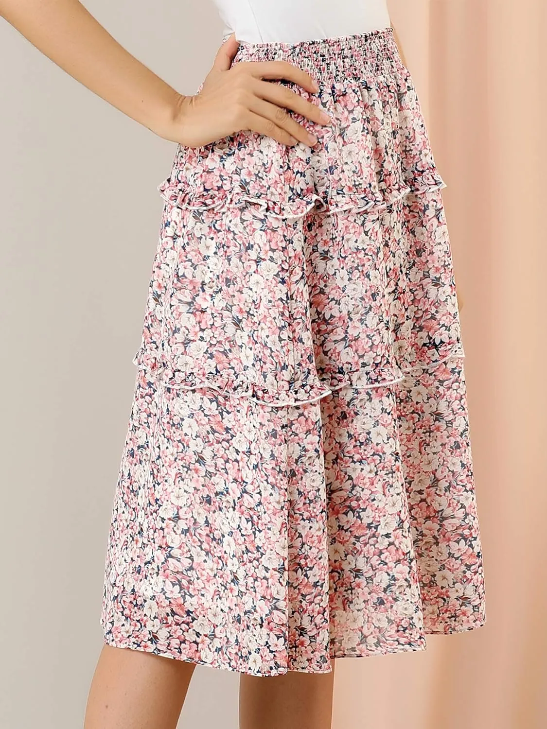 Allegra K Women's Floral Skirts Summer Chiffon Smocked Elastic Waist A-Line Below Knee Length Ruffle Tiered Skirt