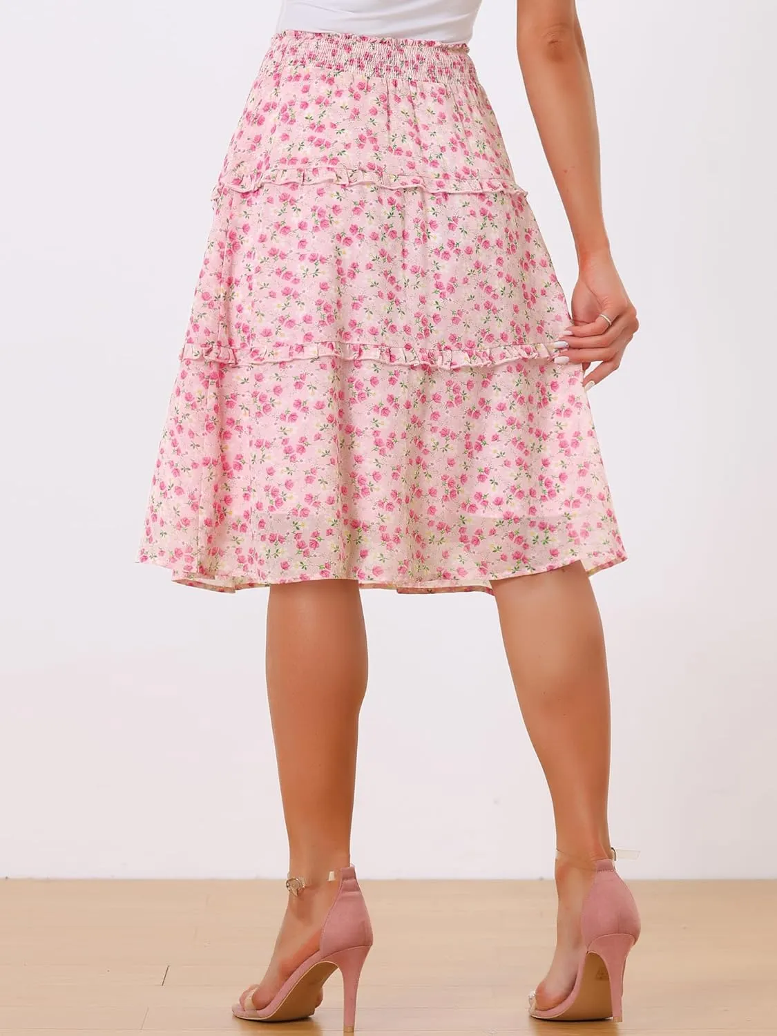 Allegra K Women's Floral Skirts Summer Chiffon Smocked Elastic Waist A-Line Below Knee Length Ruffle Tiered Skirt