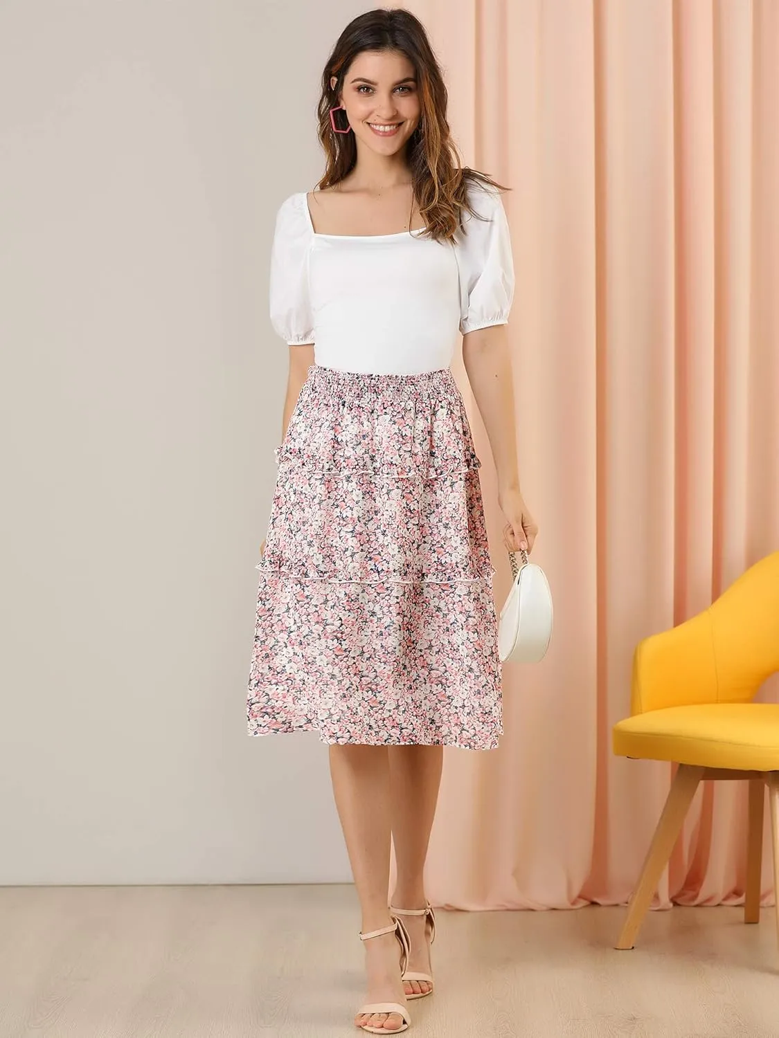 Allegra K Women's Floral Skirts Summer Chiffon Smocked Elastic Waist A-Line Below Knee Length Ruffle Tiered Skirt