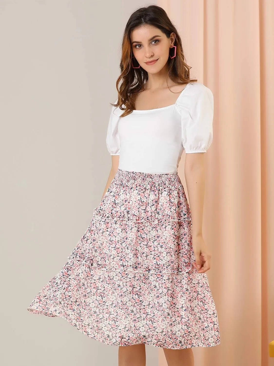 Allegra K Women's Floral Skirts Summer Chiffon Smocked Elastic Waist A-Line Below Knee Length Ruffle Tiered Skirt