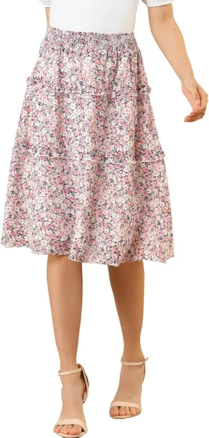 Allegra K Women's Floral Skirts Summer Chiffon Smocked Elastic Waist A-Line Below Knee Length Ruffle Tiered Skirt