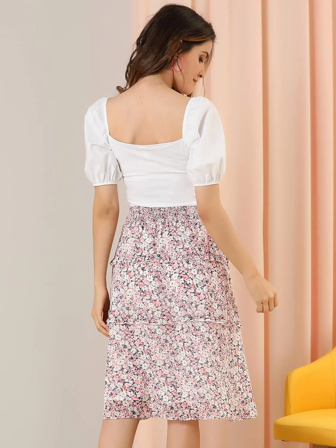 Allegra K Women's Floral Skirts Summer Chiffon Smocked Elastic Waist A-Line Below Knee Length Ruffle Tiered Skirt