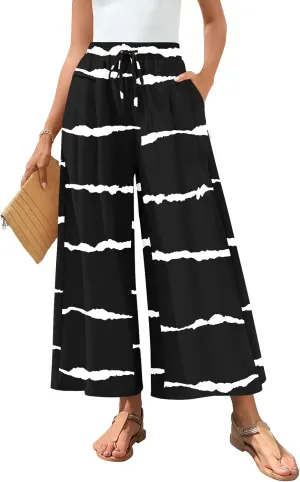 Aodemo Women's Palazzo Pants Dressy Wide Leg Pants High Waist Casual Beach Flowy Culottes with Pockets