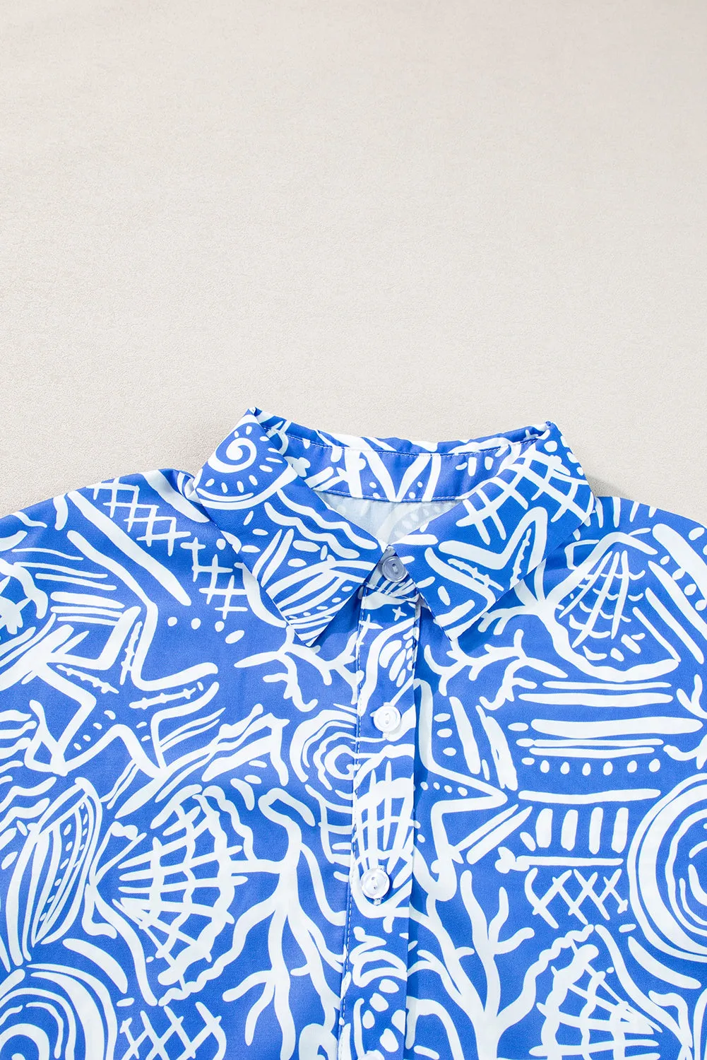 Blue Abstract Print Cuffed Sleeve Button Up Blouse
