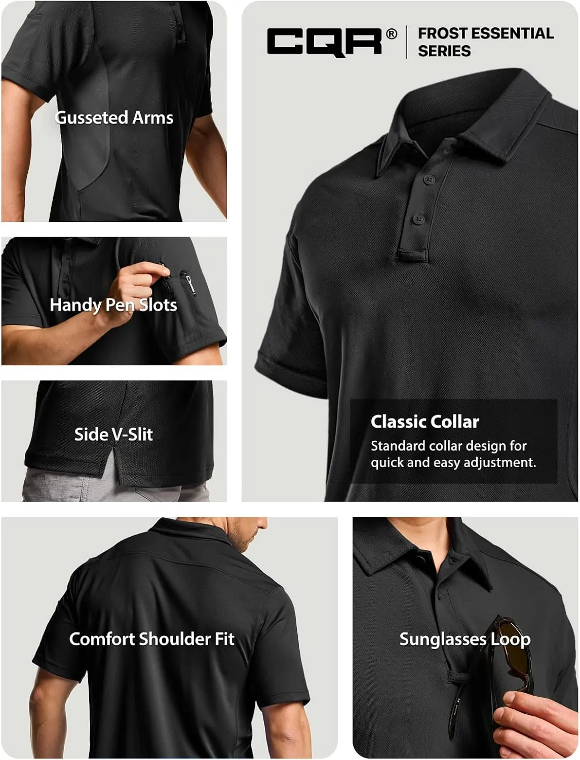CQR Men's Polo Shirts, Tactical Short Sleeve Golf Performance Shirts, Lightweight Dry Fit UPF 50  Pique