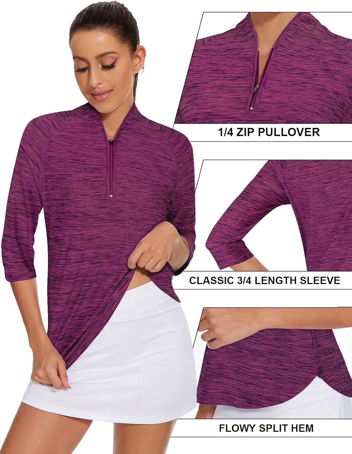 Cucuchy Womens Golf Shirt Quick Dry 3/4 Sleeve Quarter Zip Polo Workout Tops Tennis Shirts S-XXL