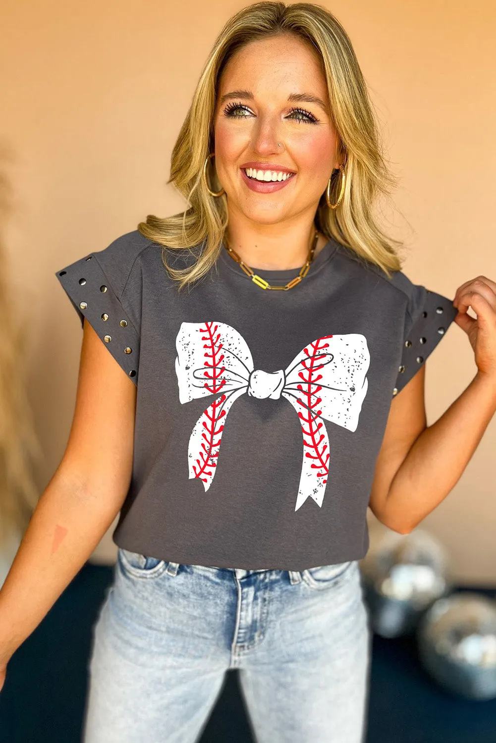 Dark Grey Baseball Bow Knot Graphic Studded Sleeve T Shirt