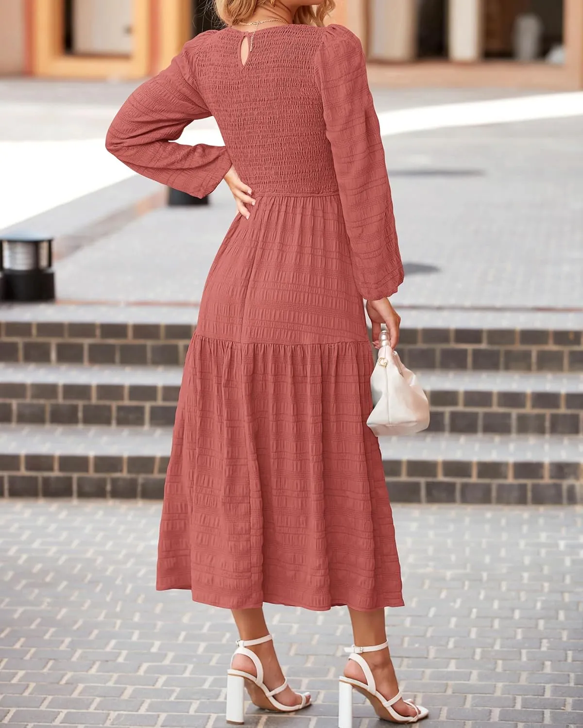 dowerme Women's Spring Dresses 2025 Long Sleeve Crewneck Smocked Tiered Flowy Boho Maxi Sundress Beach Vacation Clothes