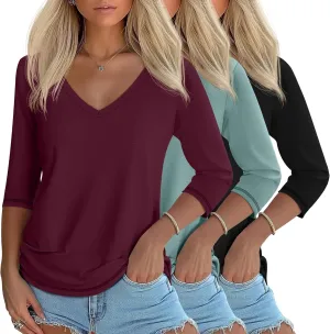 Ficerd 3 Pack Women's 3/4 Sleeve T Shirts, V Neck Cotton Shirts Casual Loose Fit Basic Tunic Tops Solid Summer Trendy Tees