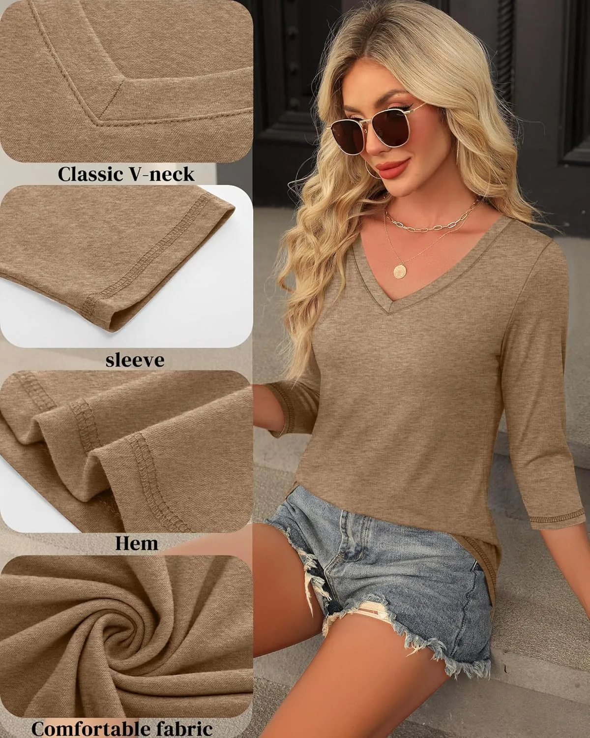 Ficerd 3 Pack Women's 3/4 Sleeve T Shirts, V Neck Cotton Shirts Casual Loose Fit Basic Tunic Tops Solid Summer Trendy Tees