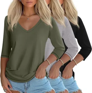 Ficerd 3 Pack Women's 3/4 Sleeve T Shirts, V Neck Cotton Shirts Casual Loose Fit Basic Tunic Tops Solid Summer Trendy Tees