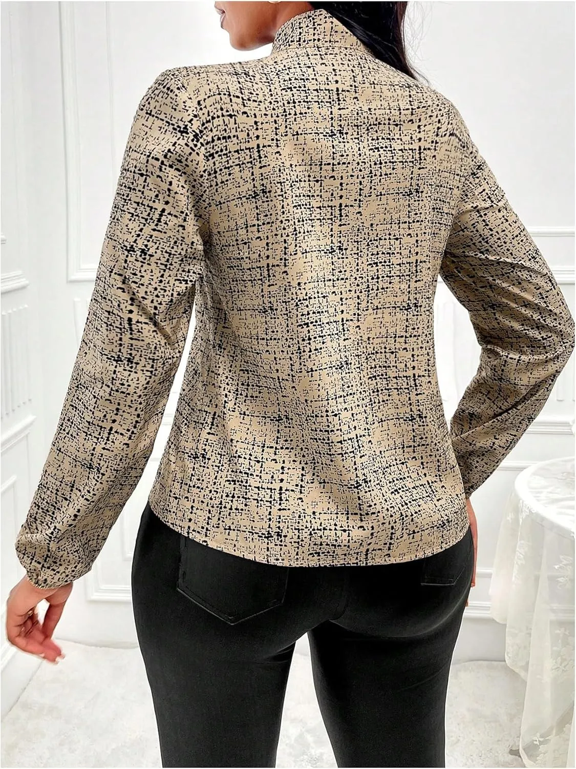 Floerns Women's Geometric Bow Tied Neck Lantern Long Sleeve Office Elegant Blouse Tops