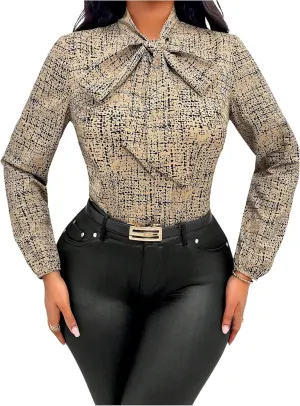 Floerns Women's Geometric Bow Tied Neck Lantern Long Sleeve Office Elegant Blouse Tops
