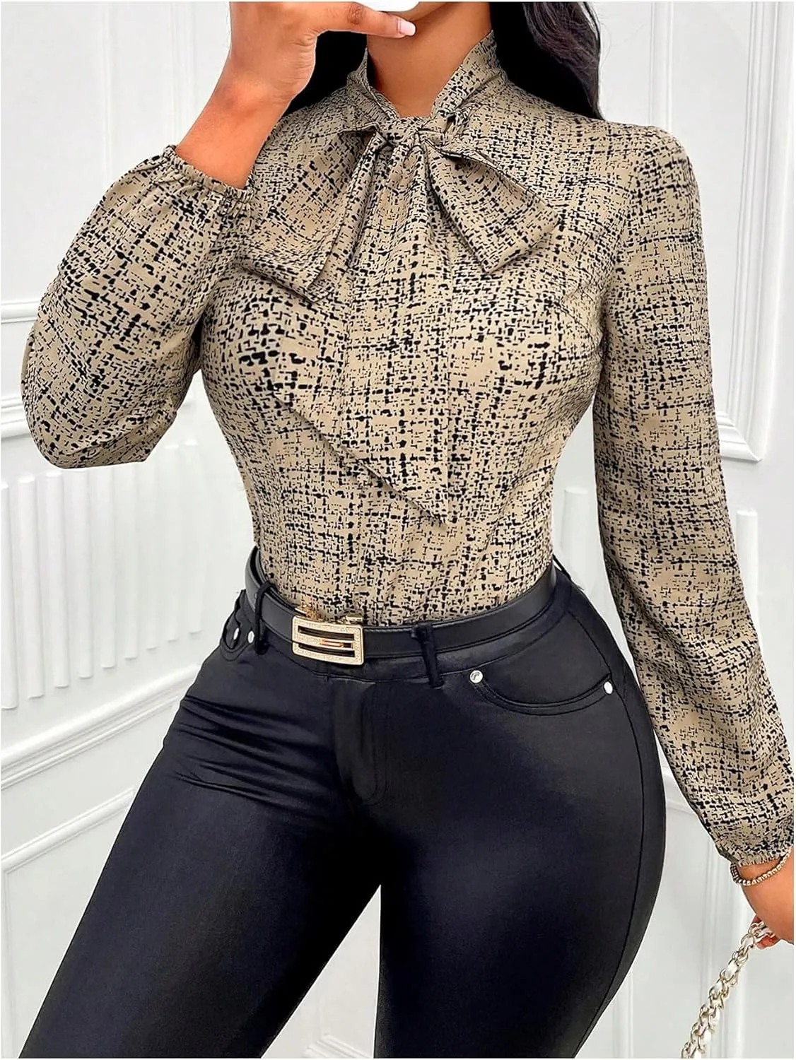 Floerns Women's Geometric Bow Tied Neck Lantern Long Sleeve Office Elegant Blouse Tops