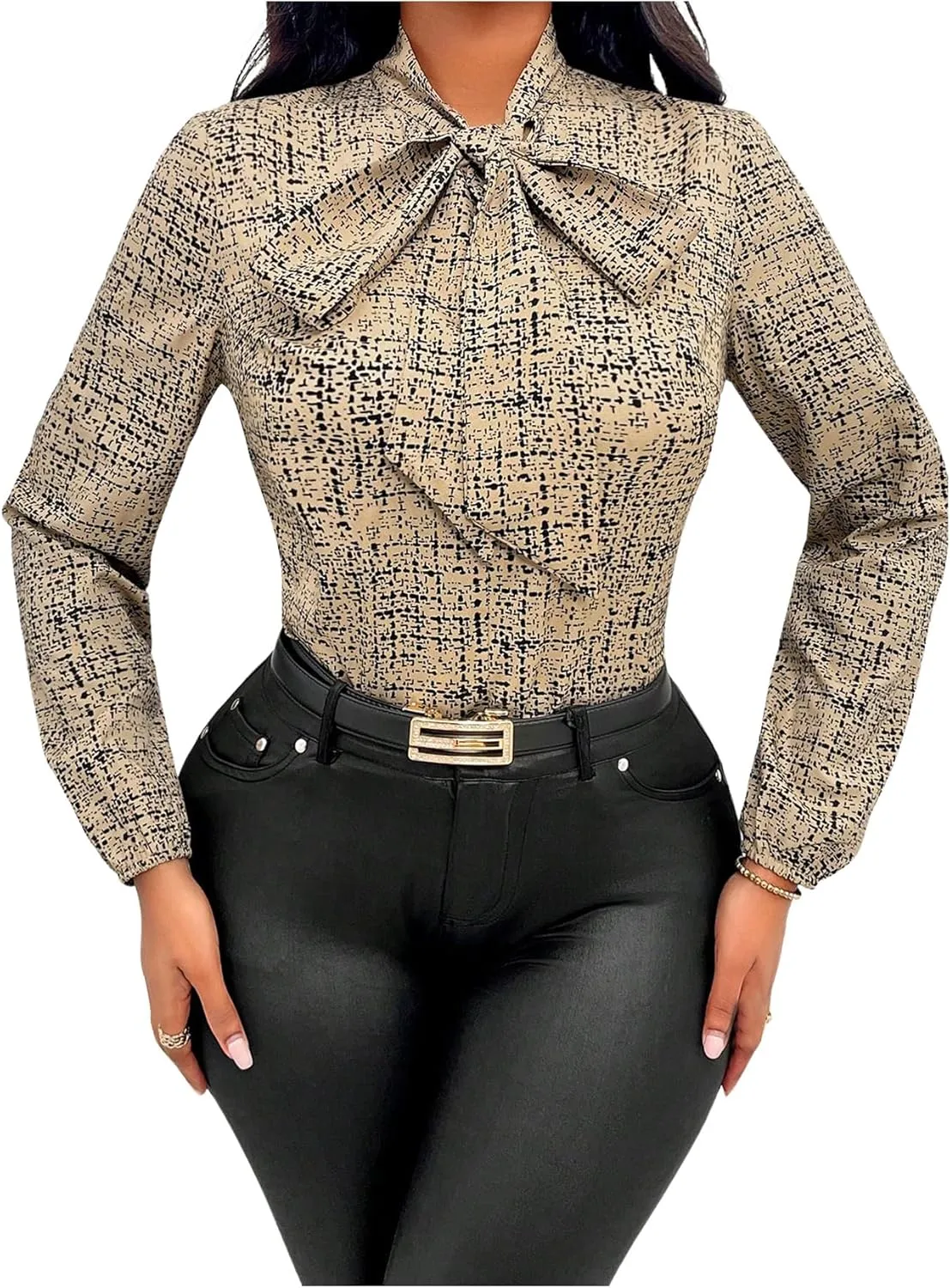 Floerns Women's Geometric Bow Tied Neck Lantern Long Sleeve Office Elegant Blouse Tops