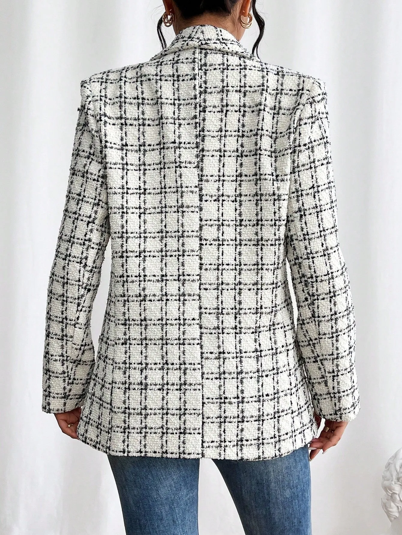 Frenchy Plaid Shawl Collar Open Front Blazer