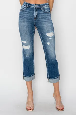 Full Size Cuffed Ankle Distressed Straight Jeans