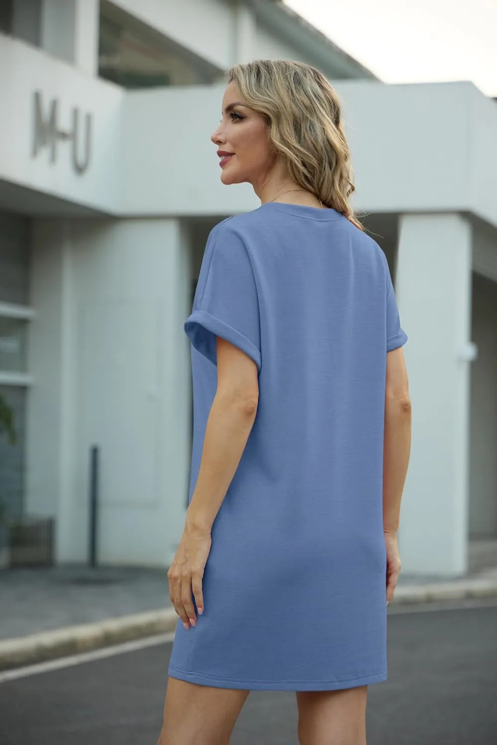 GRECERELLE Women's Summer Short Sleeve Tee Shirt Dress Crew Neck Casual Mini Sundress with Pockets