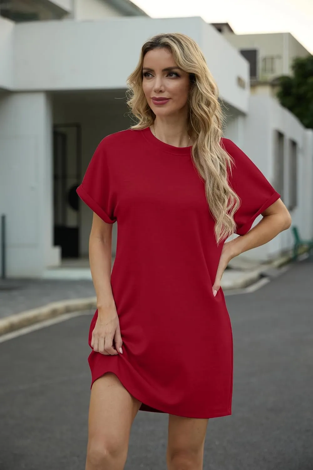 GRECERELLE Women's Summer Short Sleeve Tee Shirt Dress Crew Neck Casual Mini Sundress with Pockets