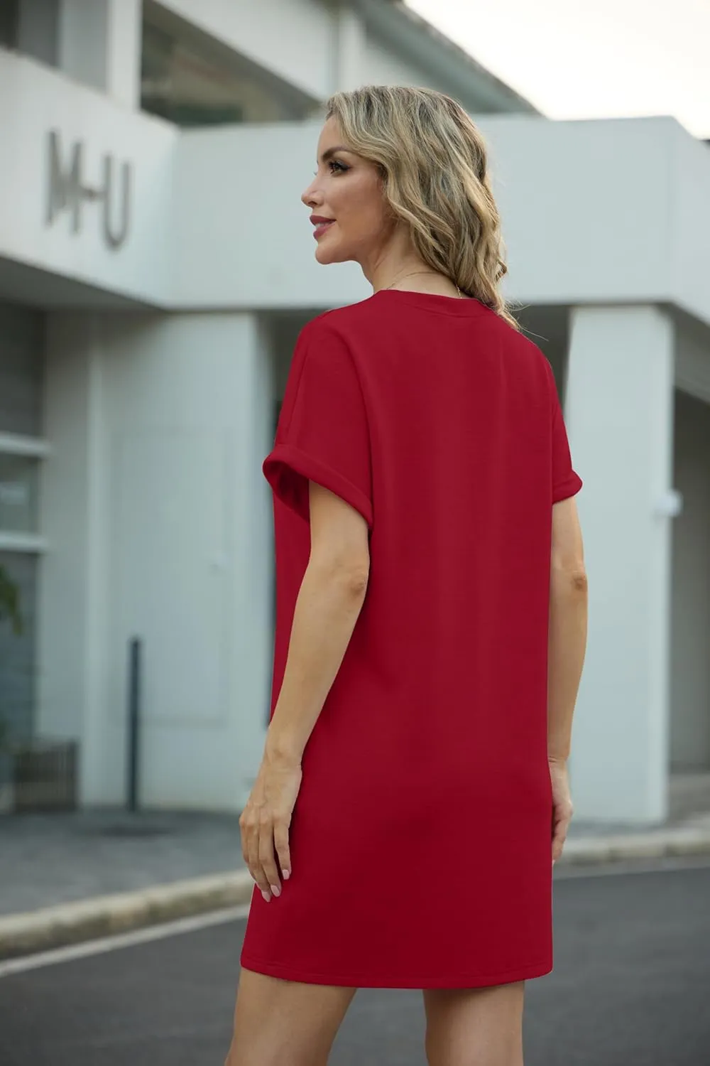 GRECERELLE Women's Summer Short Sleeve Tee Shirt Dress Crew Neck Casual Mini Sundress with Pockets