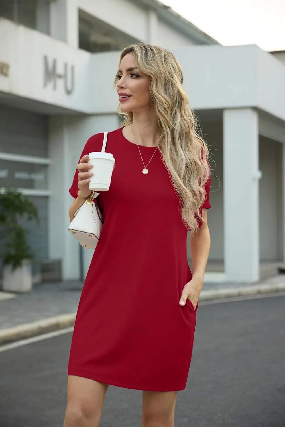 GRECERELLE Women's Summer Short Sleeve Tee Shirt Dress Crew Neck Casual Mini Sundress with Pockets