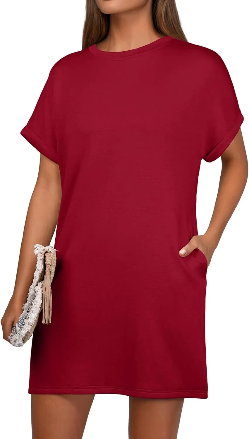 GRECERELLE Women's Summer Short Sleeve Tee Shirt Dress Crew Neck Casual Mini Sundress with Pockets