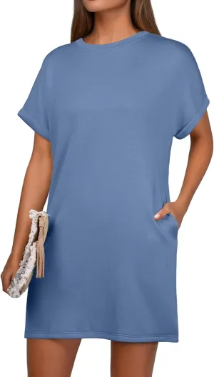 GRECERELLE Women's Summer Short Sleeve Tee Shirt Dress Crew Neck Casual Mini Sundress with Pockets