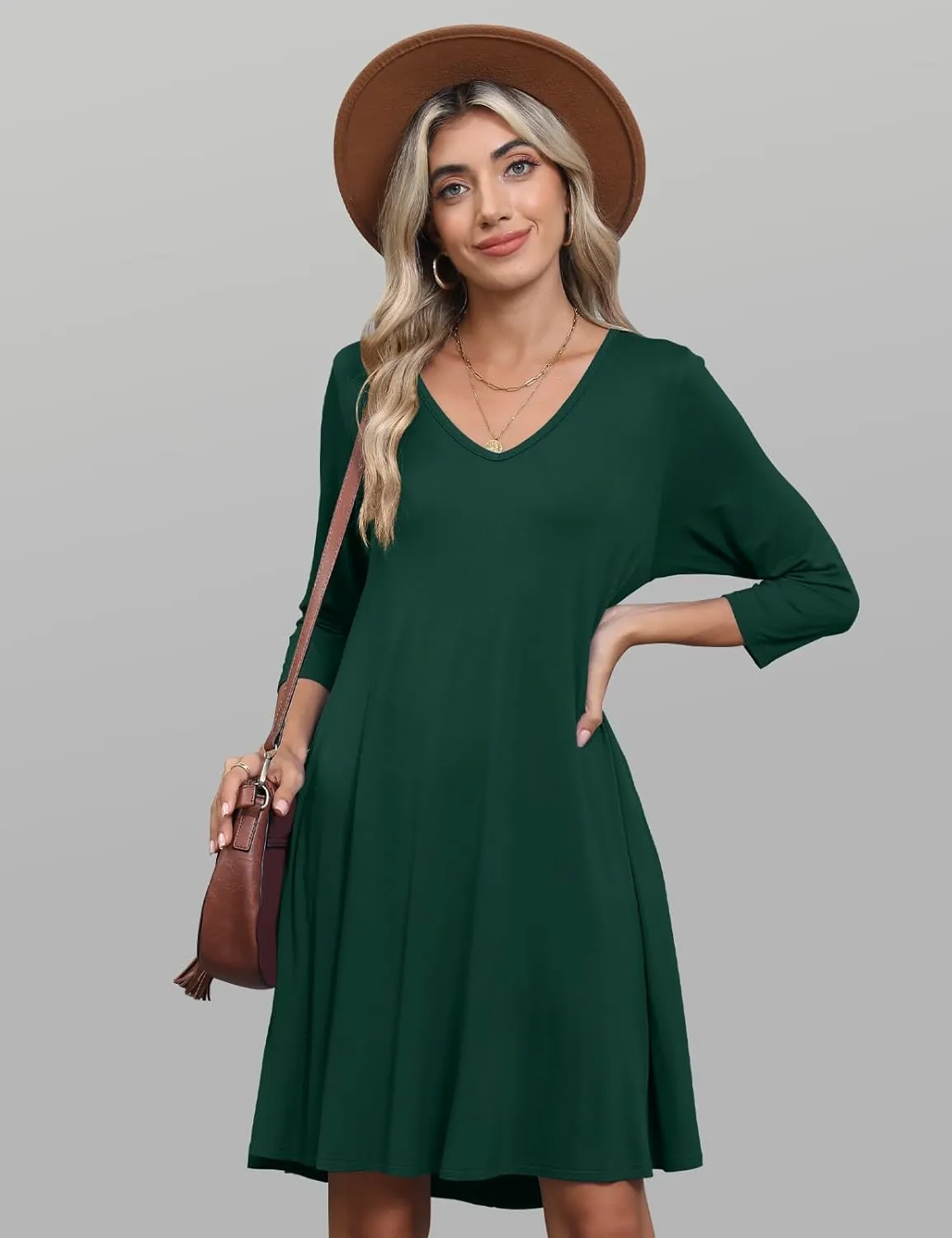 JollieLovin Women 3/4 Sleeve Plus Size Casual Fall Dresses 2024 V Neck T Shirt Long Tunic Dress