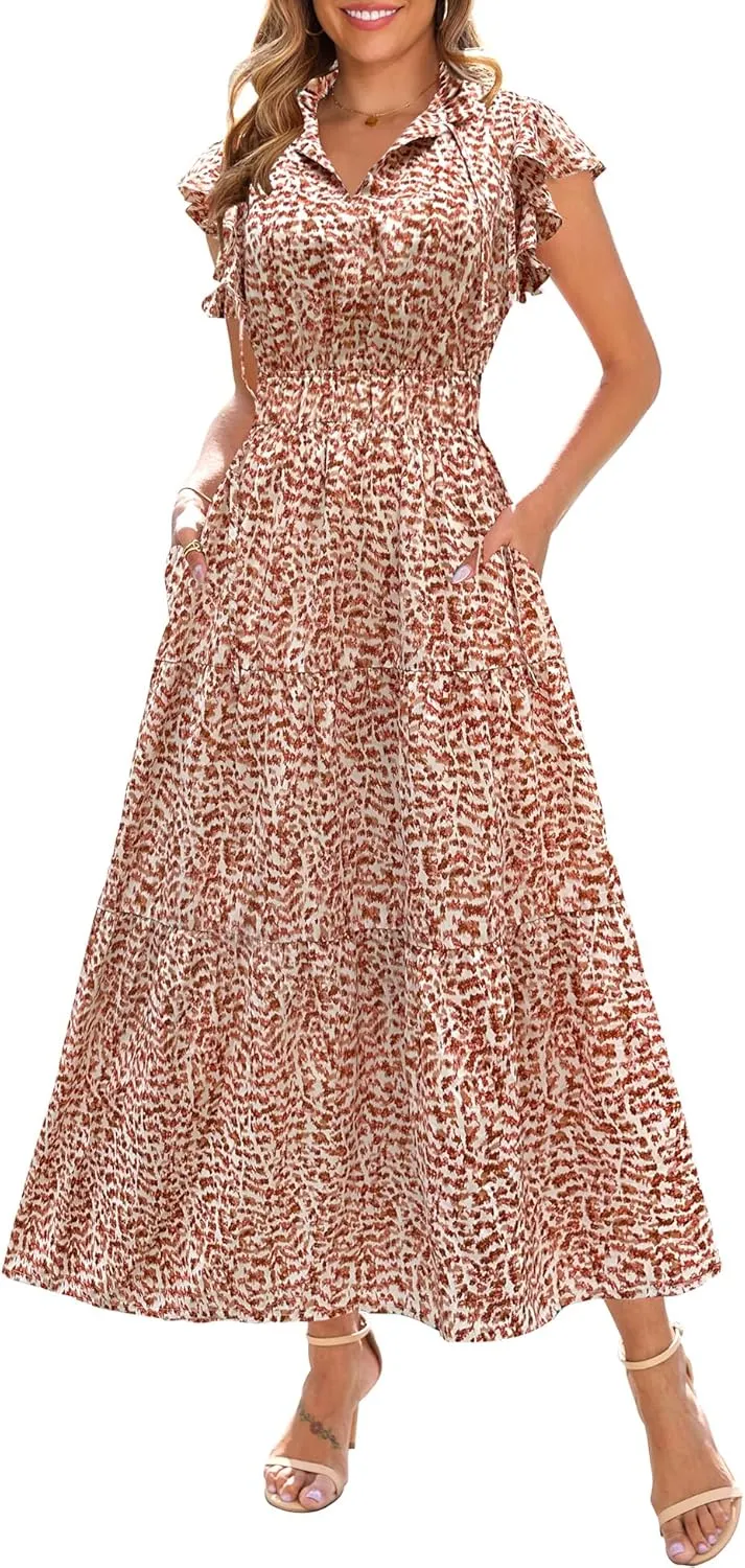 Kranda 2025 Women Summer Self-tie V Neck High Waist Ruffle Cap Sleeve Flowy Tiered Long Boho Floral Maxi Dress with Pockets