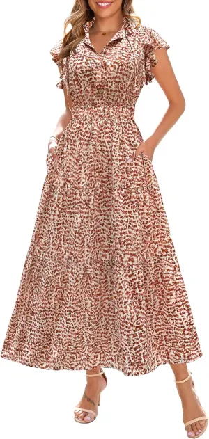 Kranda 2025 Women Summer Self-tie V Neck High Waist Ruffle Cap Sleeve Flowy Tiered Long Boho Floral Maxi Dress with Pockets
