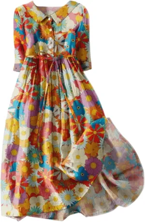 Linen Dresses Women Plus Size Floral Maxi Dress Short Sleeve Button Down t-Shirt Dress Swing Beach Sundresses
