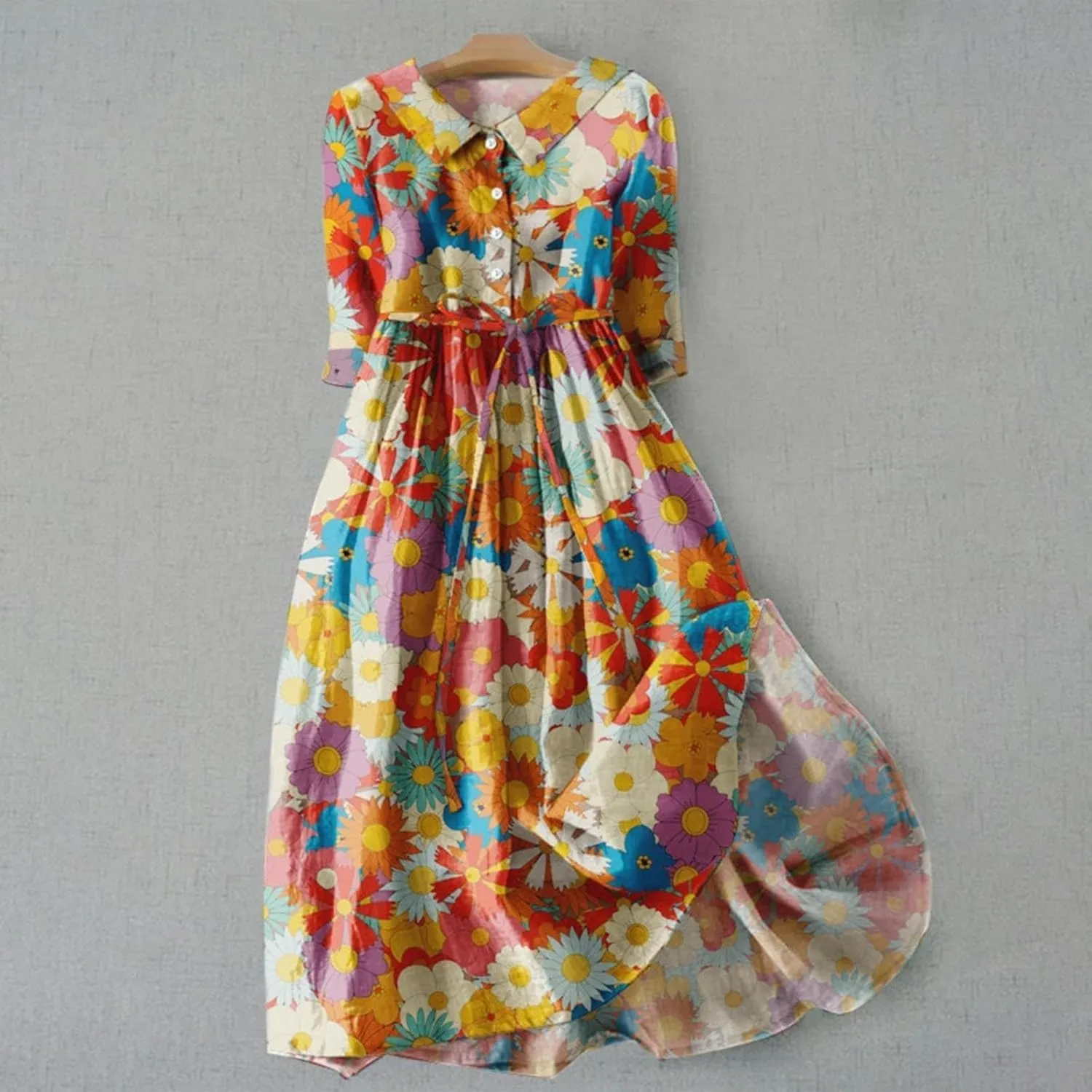 Linen Dresses Women Plus Size Floral Maxi Dress Short Sleeve Button Down t-Shirt Dress Swing Beach Sundresses