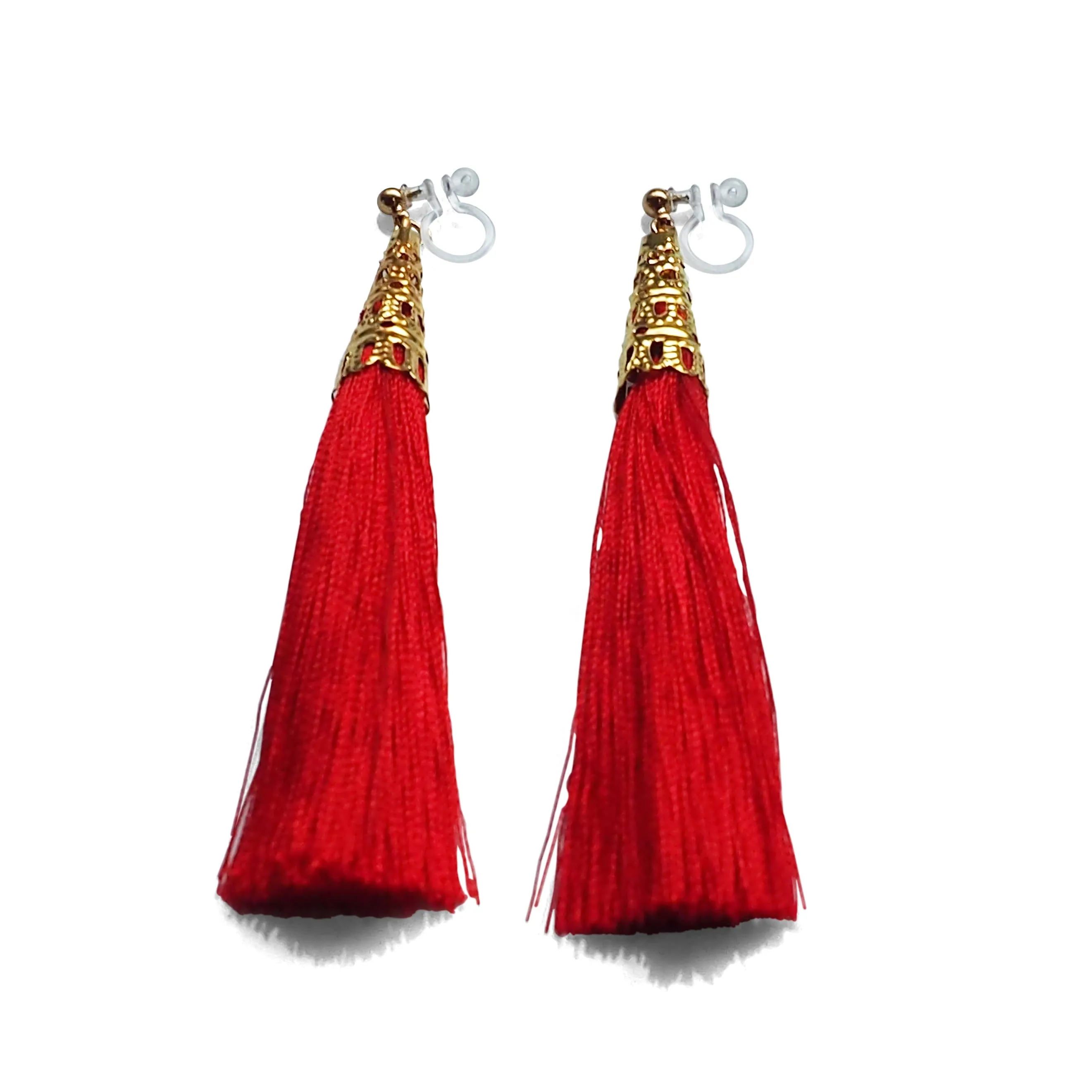 Long Red Tassel Invisible Clip On Earrings