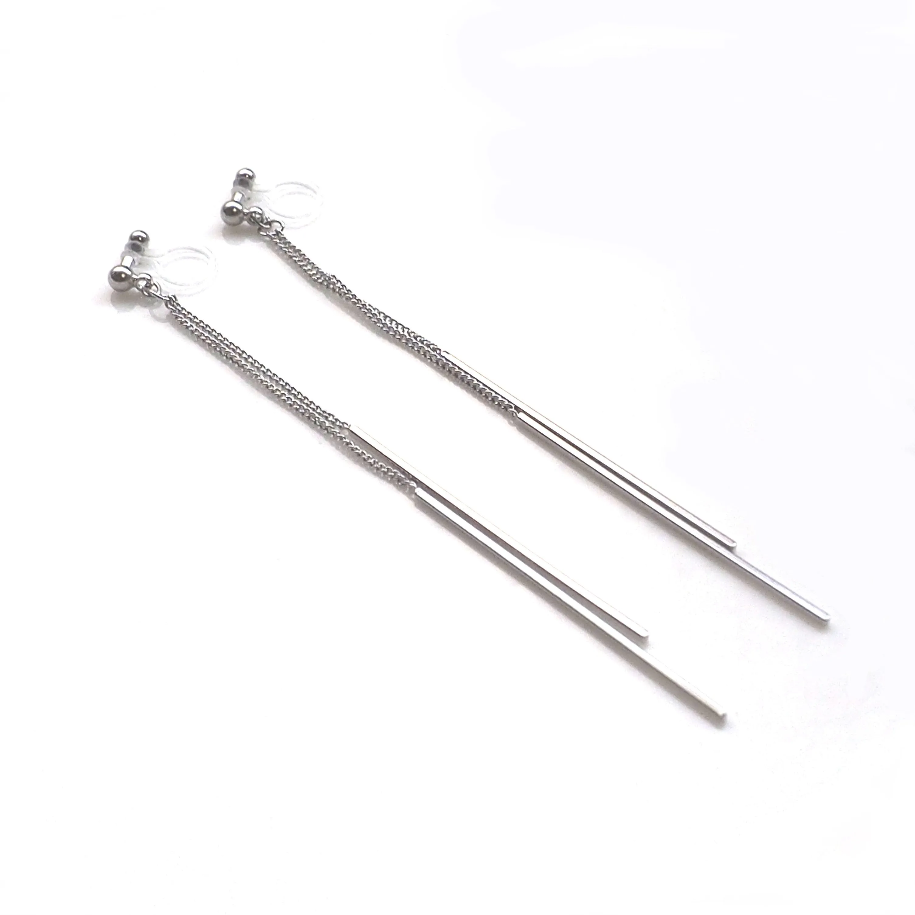 Long silver bar invisible clip on earrings