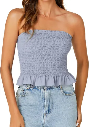 LYANER Women's Smocked Tube Tops Sleeveless Strapless Stretch Bustier Bandeau Crop Top