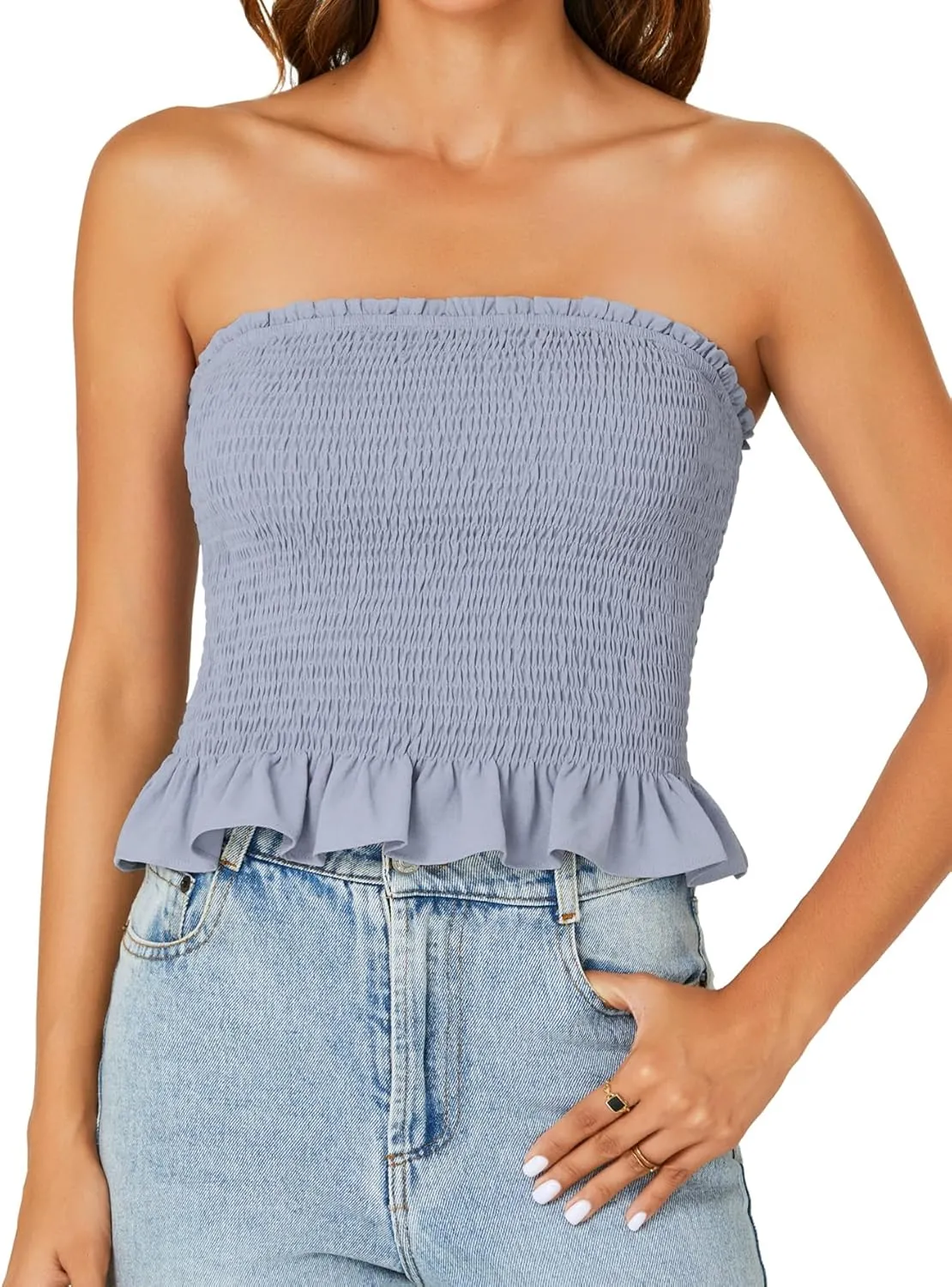 LYANER Women's Smocked Tube Tops Sleeveless Strapless Stretch Bustier Bandeau Crop Top