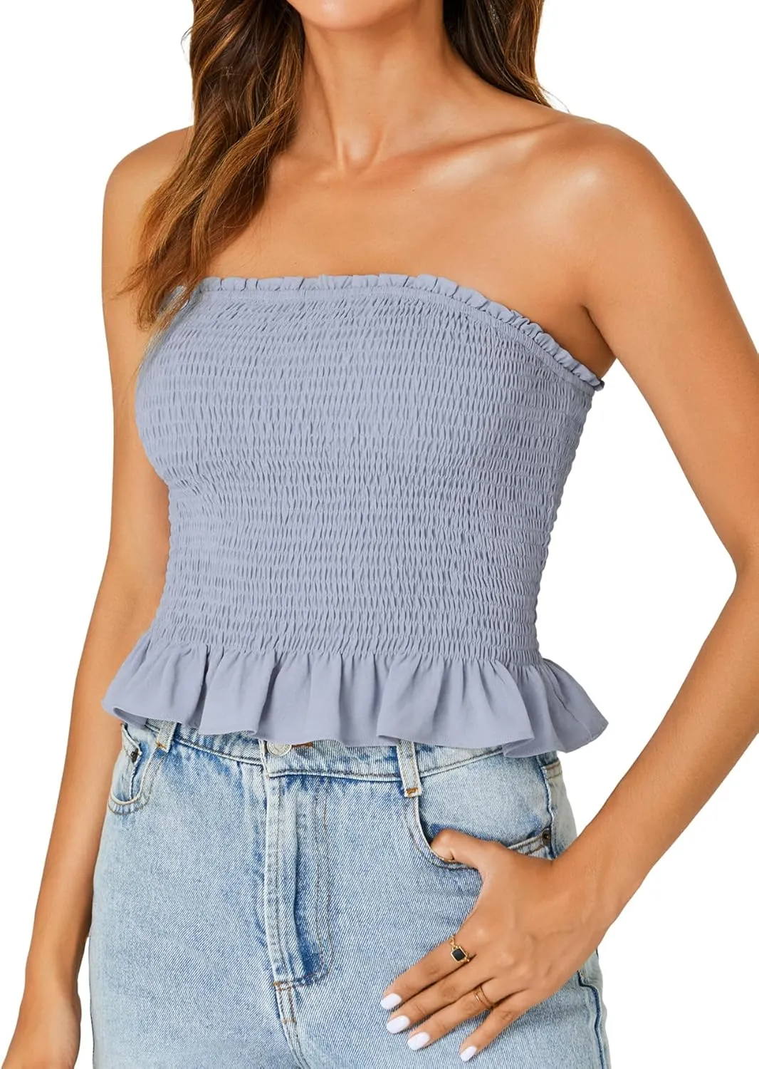 LYANER Women's Smocked Tube Tops Sleeveless Strapless Stretch Bustier Bandeau Crop Top