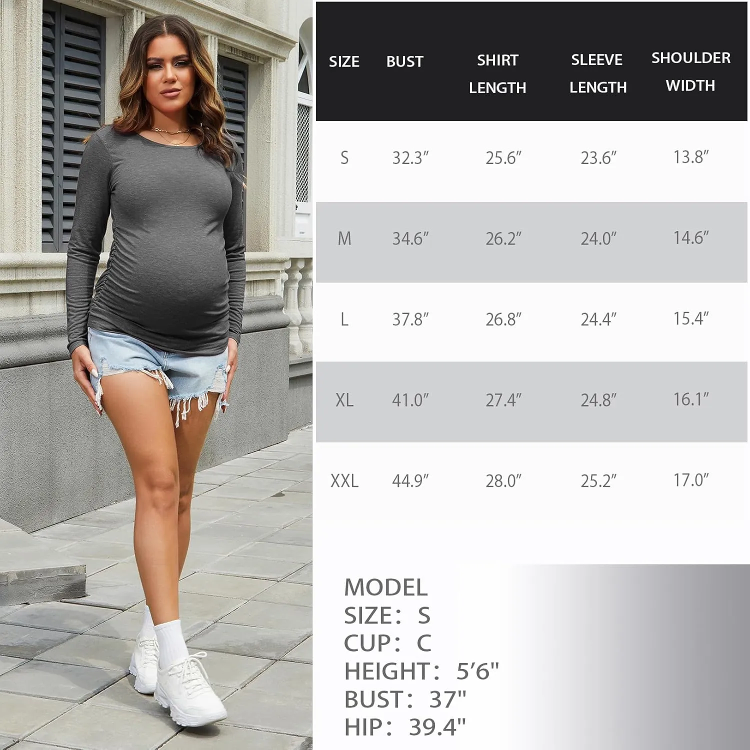 Maternity Shirt Long Sleeve Basic Top Ruch Sides Bodycon Tshirt for Pregnant Women