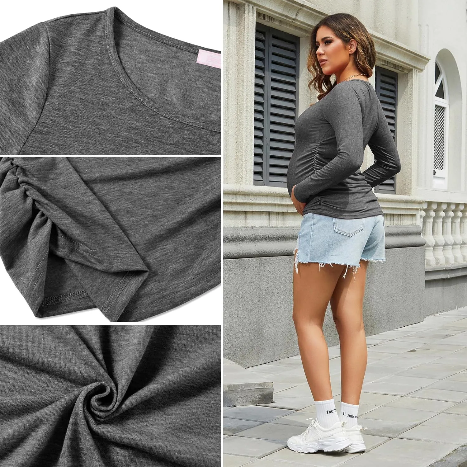 Maternity Shirt Long Sleeve Basic Top Ruch Sides Bodycon Tshirt for Pregnant Women
