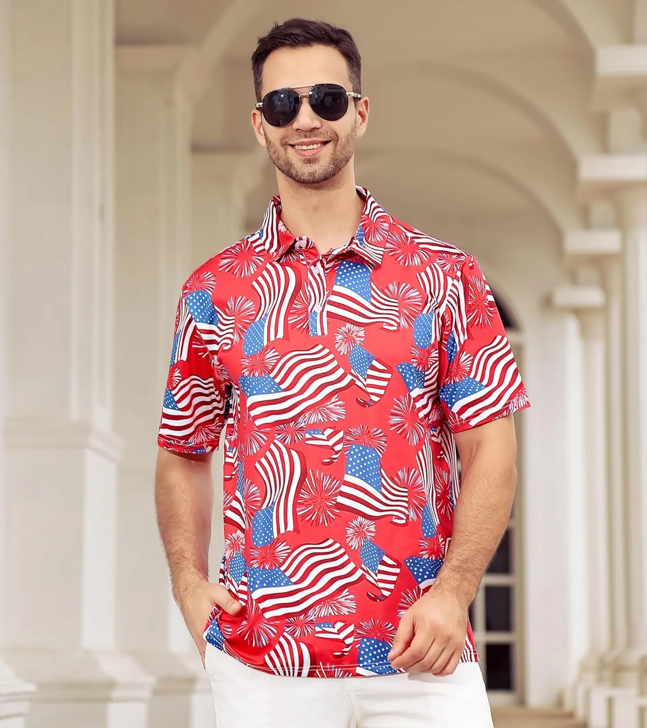 Mens American Flag Golf Shirts 4th of July Polo Shirt Dry Fit USA Patriotic Short Sleeve