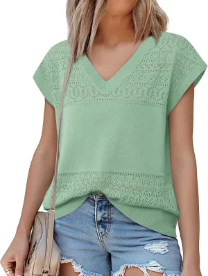 Messic Womens V Neck Sweater Vest Cap Sleeve Casual Lightweight Knit Pullover Tops