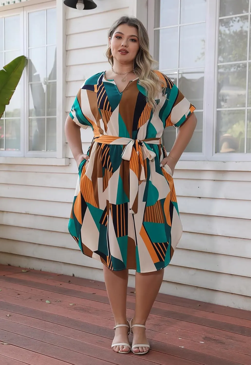 Nemidor Womens Casual Plus Size Summer Boho Floral Print Swing Midi Dress with Pockets NEM306