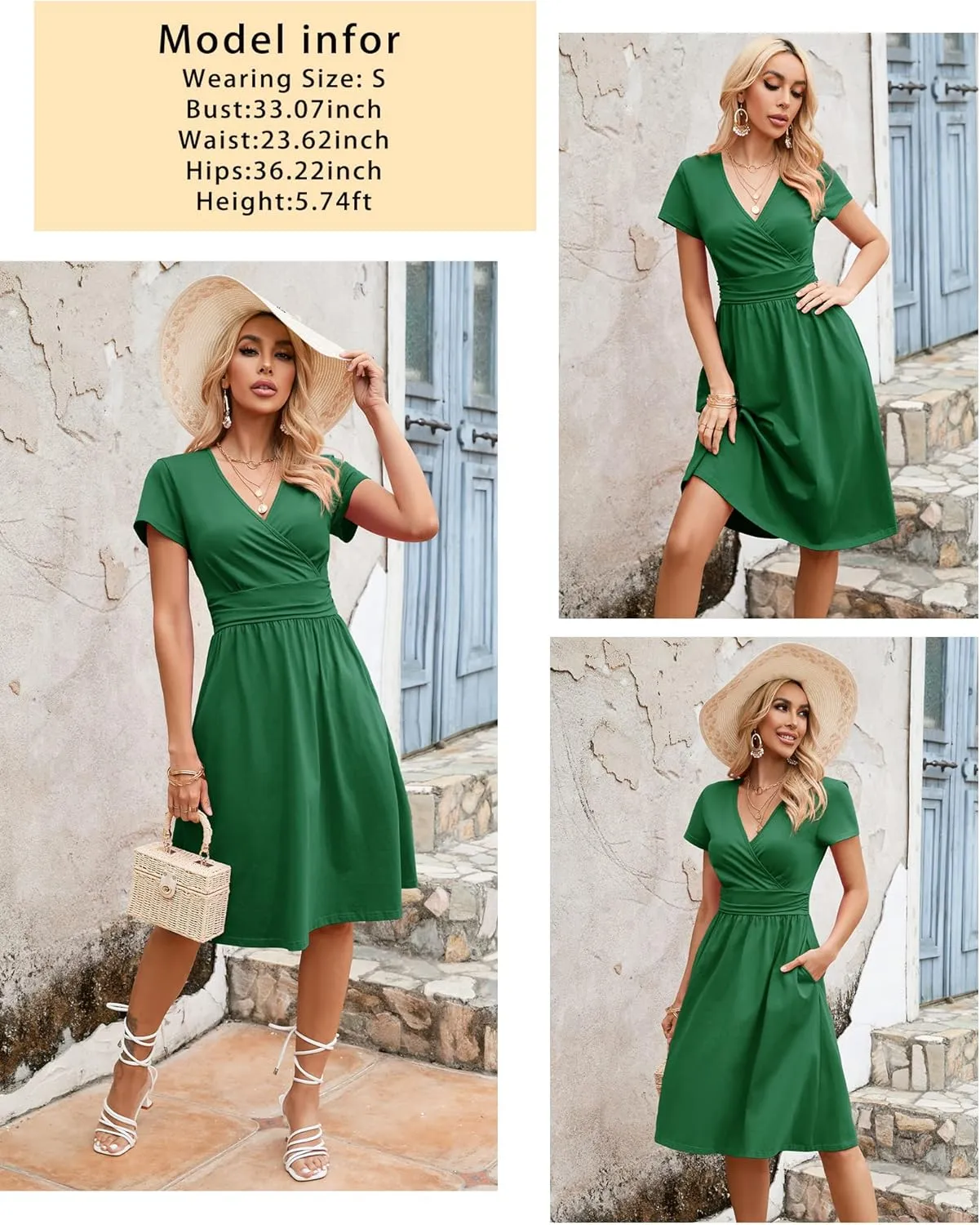 Newshows Womens Summer Short Sleeve Casual Dresses V Neck Floral Vacation Sundress Faux Wrap Midi Dress with Pockets