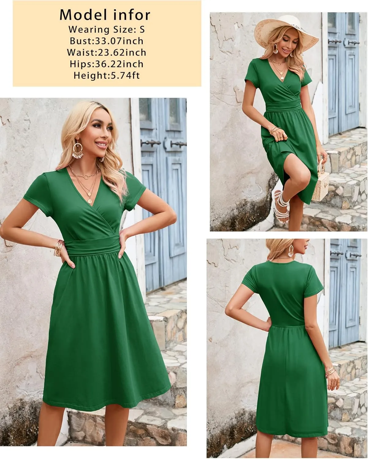 Newshows Womens Summer Short Sleeve Casual Dresses V Neck Floral Vacation Sundress Faux Wrap Midi Dress with Pockets