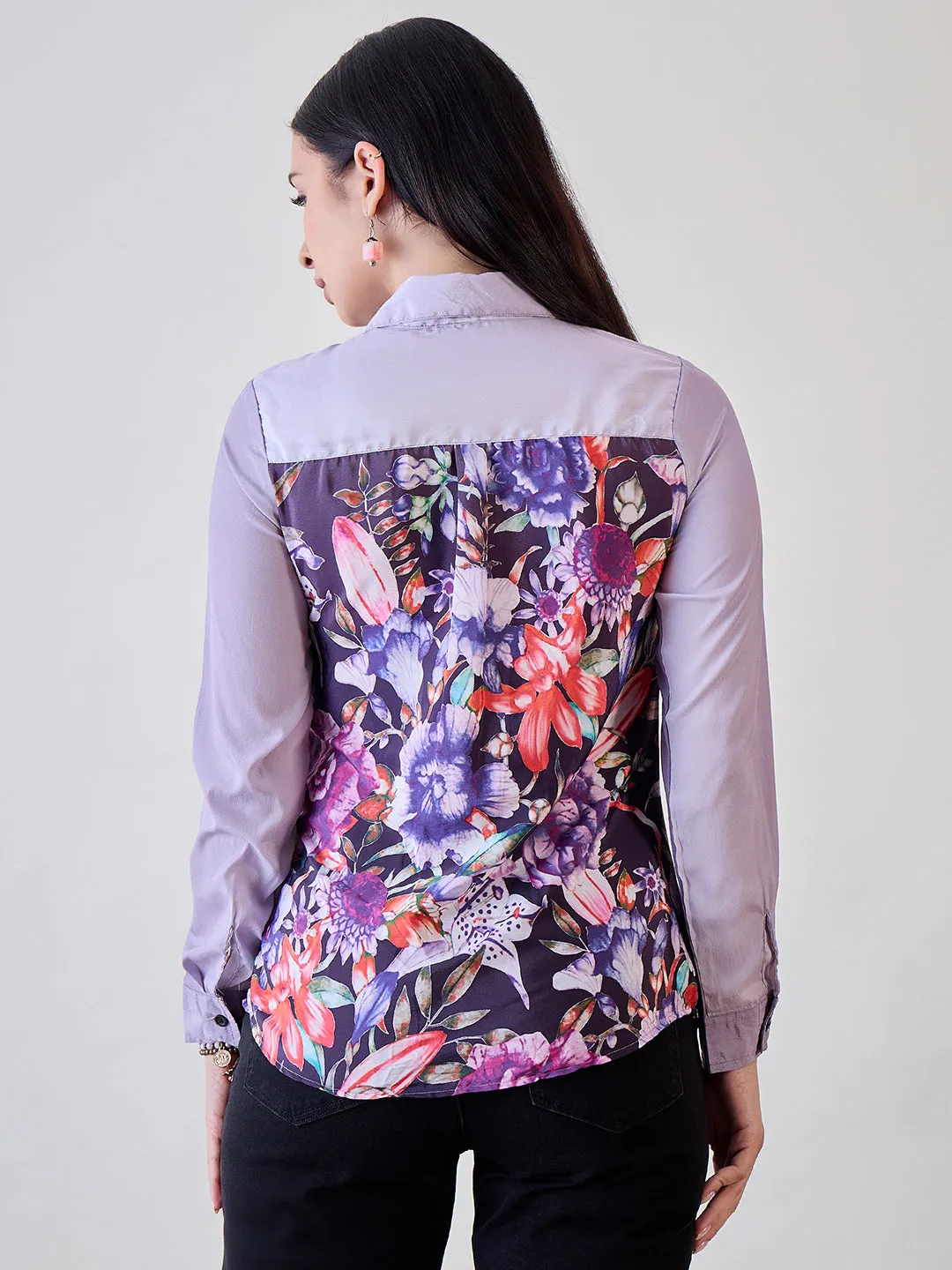 Purple Painted Printed Crepe Button Down Shirt